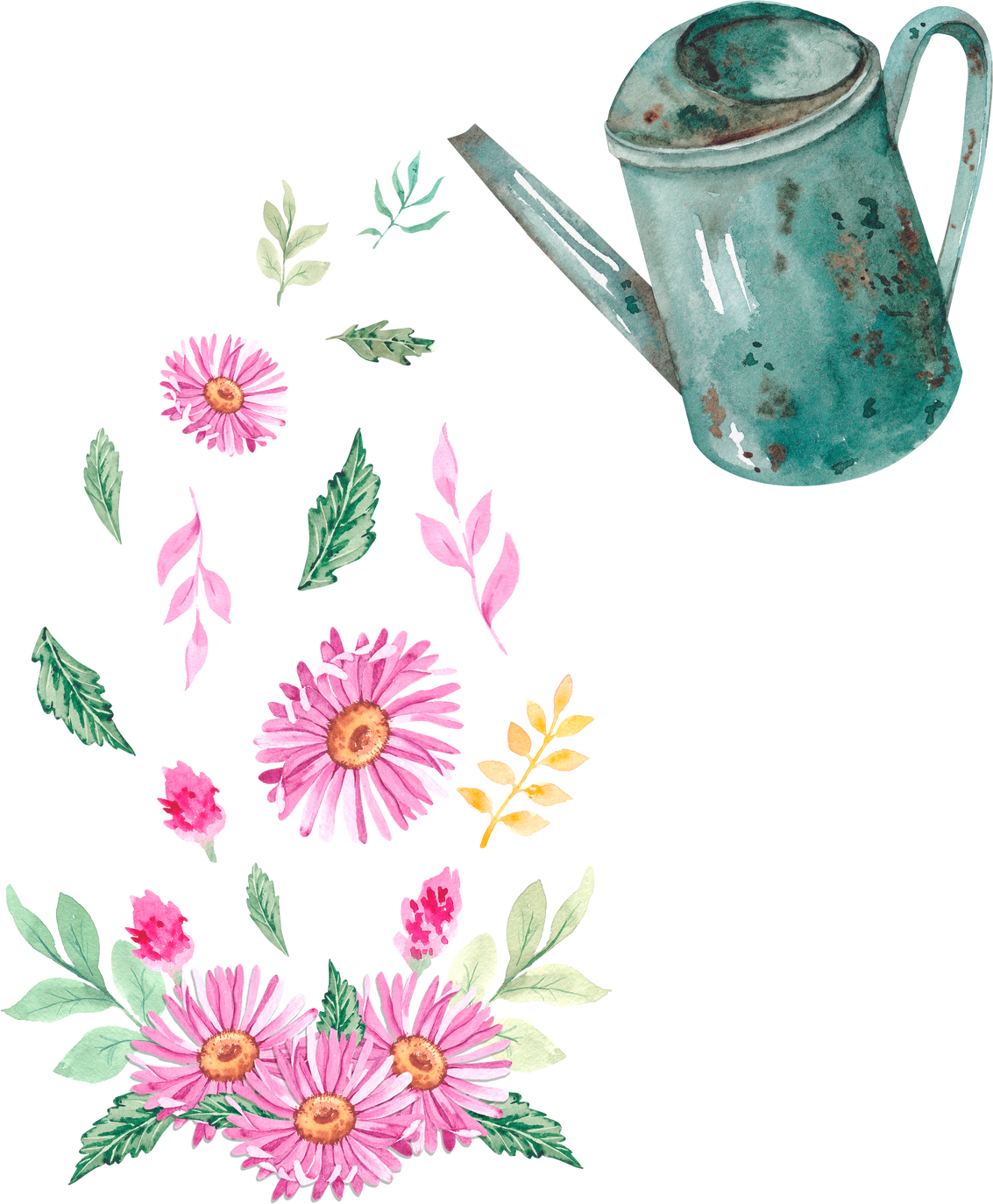 Watercolor watering can with flowers